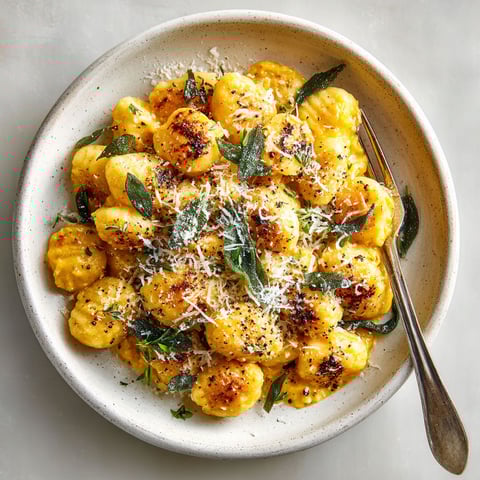 A bowl of gnocchi with cheese and herbs.