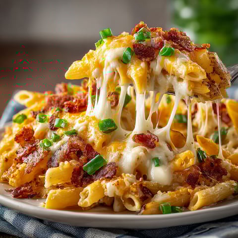 A plate of pasta with cheese and bacon.