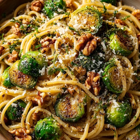 A bowl of pasta with brown butter brussels sprouts.