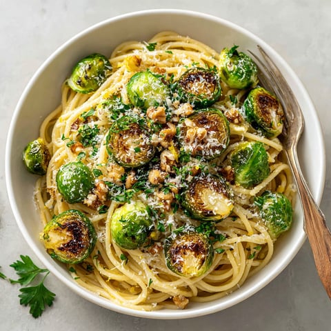 A bowl of pasta with brown butter brussels sprouts.