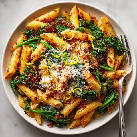 A plate of pasta with greens and cheese.