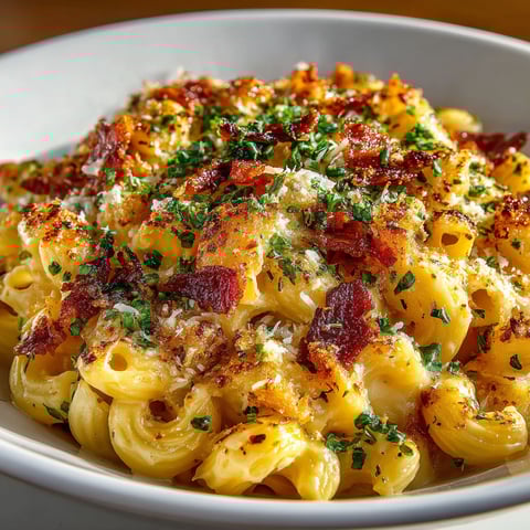 A plate of food with bacon and cheese.