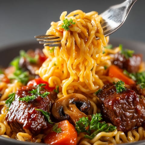 A bowl of noodles with meat and vegetables.
