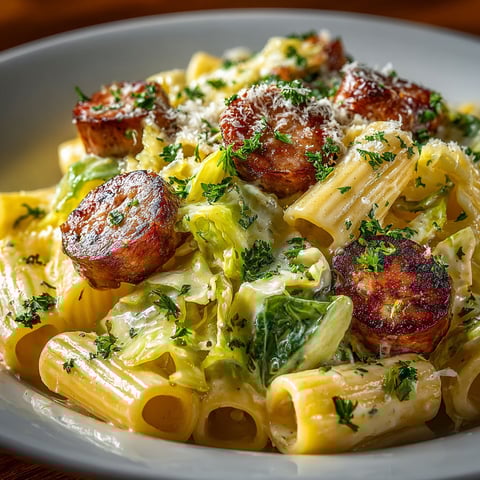 A plate of pasta with sausage and cabbage.