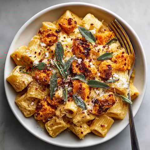 A bowl of pasta with a fork on the side.