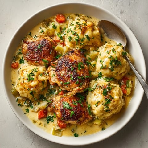 Southern Chicken & Dumpling Comfort Skillet bubbling in a cast iron skillet, topped with fluffy golden dumplings.