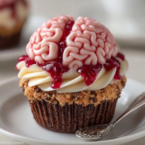 Deliciously spooky Zombie Brain Cupcakes, moist chocolate with raspberry "blood" filling.