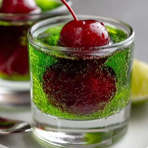 Lime green Zombie Brain Gelatin Shots shimmering, creamy filling hinting at a boozy kick.