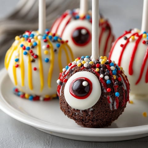 Sinister devil's food cake pop eyeballs glisten with white chocolate, red veins creating eerie treats.