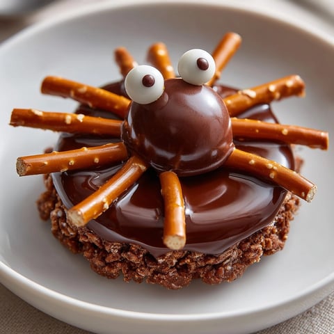 Melty chocolate coats pretzel spider legs with candy eyes ready for spooky treats.
