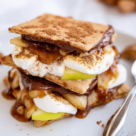 Warm, gooey Caramel Apple S’mores Stack, crisp apples melt into toasted marshmallows, ready to devour.