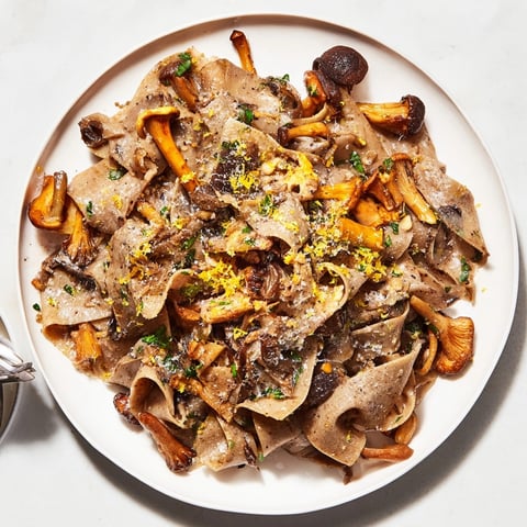 Close-up showcasing Fall Pasta with Wild Mushrooms and Brown Butter; aromatic, rustic, and delicious.