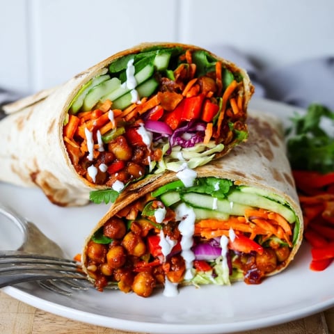 Smoky Cajun BBQ Chickpea Wraps loaded with fresh veggies and avocado slices.  