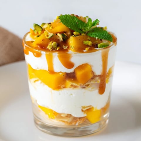 Luscious mango caramel ricotta parfait layered with creamy texture and vibrant colors.  