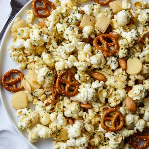 A bowl of Garlic Herb Popcorn Snack Mix with vibrant pretzels and nuts.  