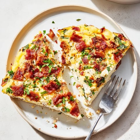 Fluffy ricotta herb bacon frittata garnished with fresh chives and parsley.  