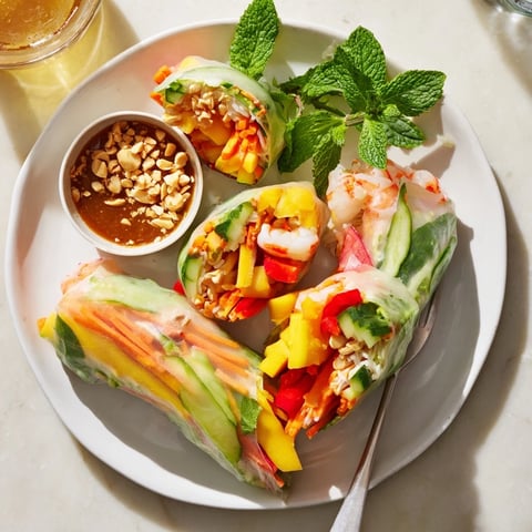 Fresh shrimp and mango spring rolls bursting with vibrant colors and textures.