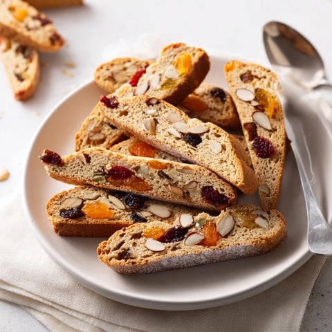 Crisp festive holiday snack biscotti thins studded with dried fruits and nuts.  