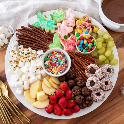 A vibrant dessert board with cookies, fruits, and sweet treats for sharing.  