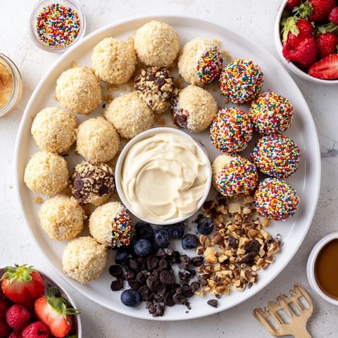 Creamy cheesecake bites on a colorful dessert board with luscious toppings  