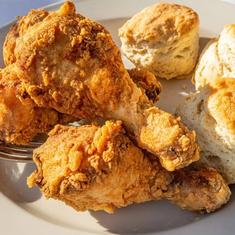 Crispy Southern fried chicken served with fluffy buttermilk biscuits for a hearty feast.  
