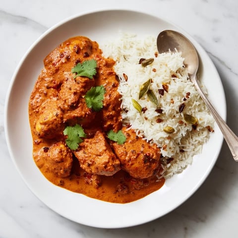 Creamy butter chicken served over fragrant basmati rice pilaf with fresh cilantro.  
