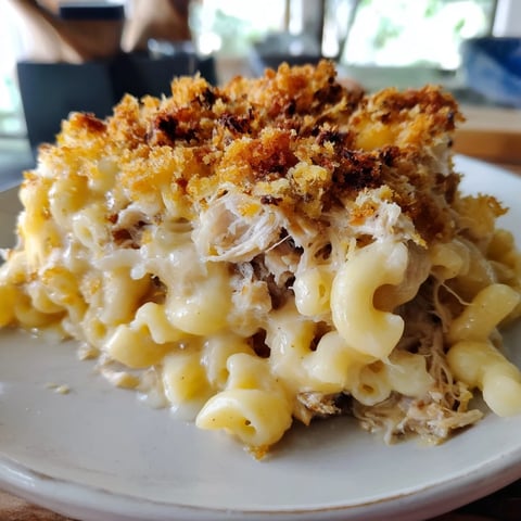 Creamy Classic Mac & Cheese with BBQ Chicken baked until golden and bubbly.  