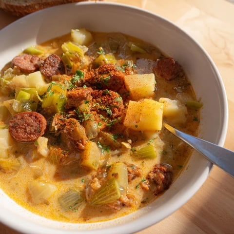 Hearty potato, leek, and chorizo soup bowl with creamy texture and vibrant colors.  