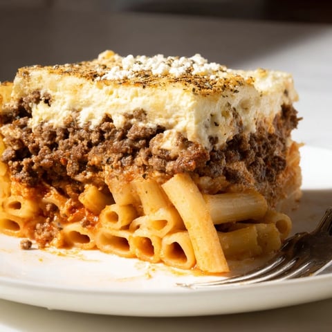 Classic Greek Pastitsio casserole with layers of pasta and rich beef sauce.  