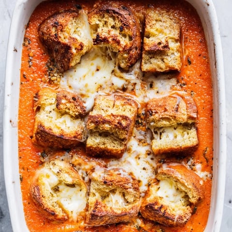 Golden brown Easy Tomato Soup & Grilled Cheese Casserole Bake, ready to serve with melted cheese.