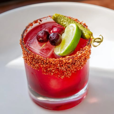 A refreshing DIY cranberry-pickle margarita, a beautiful vibrant cocktail with lime and pickles.