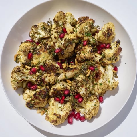Golden roasted garlic and herb cauliflower wreath, ready to serve with vibrant pomegranate and herbs.