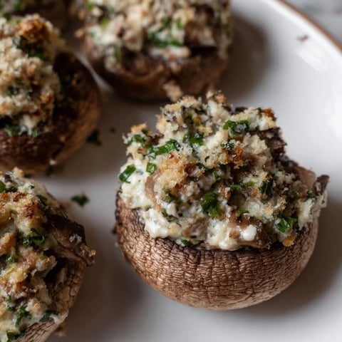 Golden, crispy Air Fryer Holiday Stuffed Mushrooms with bubbly cheese ready for serving as an appetizer.