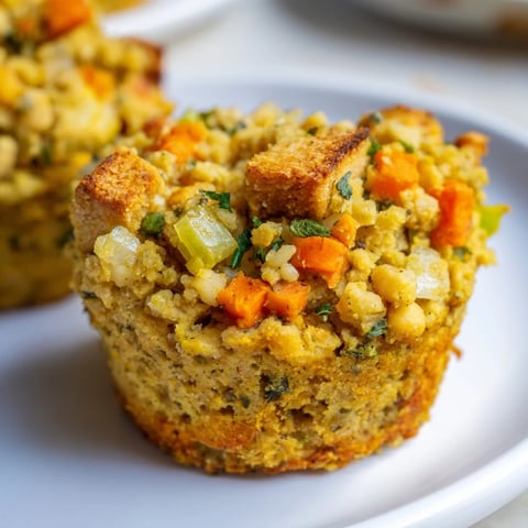 Golden-brown Vegan Chickpea Stuffing Muffins, baked until perfectly crisp and fragrant with herbs.