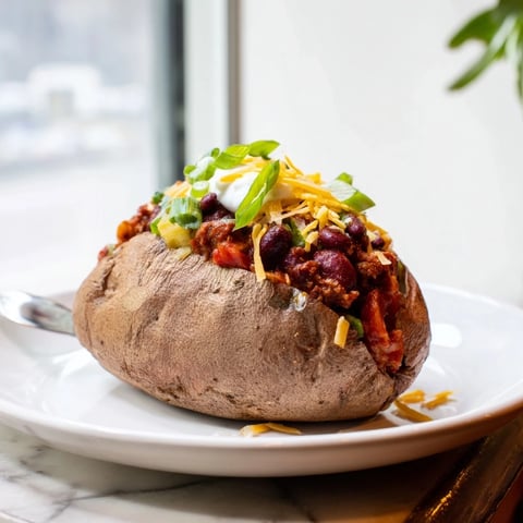 Steaming, loaded chili-style baked potatoes ready to be devoured, with a vibrant topping of beans and peppers.
