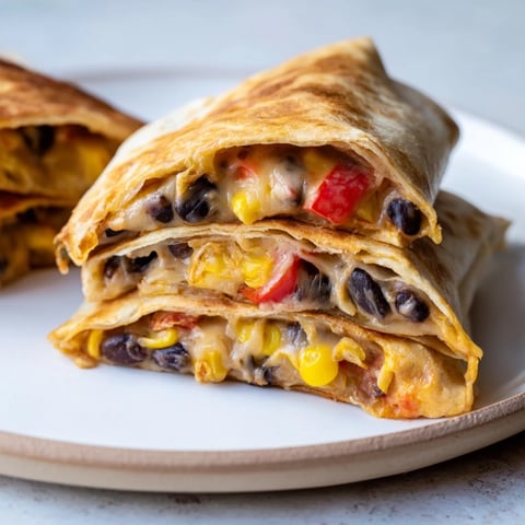 Golden baked tortilla wrap hack filled with beans, cheese, and vegetables ready to serve.