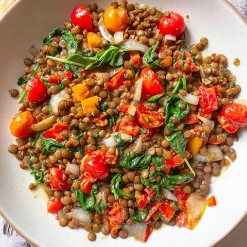 Steaming Lentil-Tomato Skillet, a one-pan vegetarian delight filled with vibrant herbs and flavors.