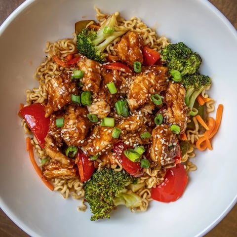 Sheet-pan crispy ramen with chicken features golden noodles, vibrant veggies, and tender chicken for dinner.