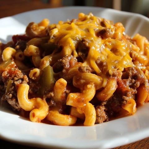 Golden, bubbly Hamburger Casserole topped with melted cheese, a comforting family meal ready to serve.