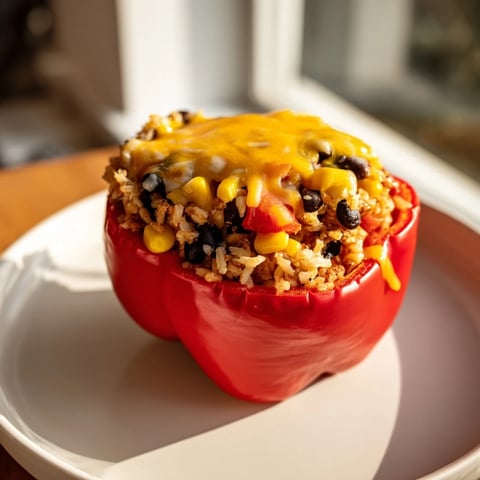 Golden brown Stuffed Bell Peppers, filled with savory rice and beans, ready for a delicious dinner.