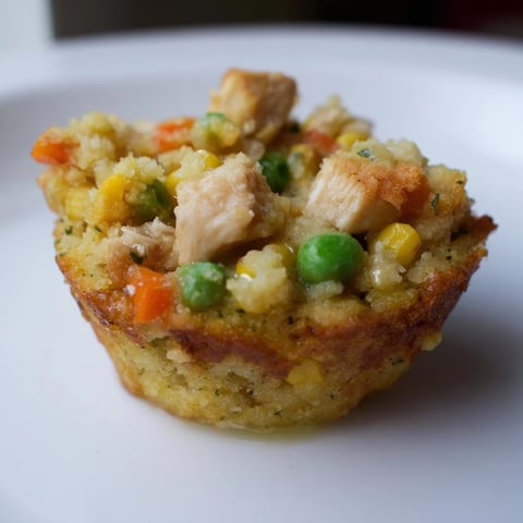 Golden-brown Mini Chicken Pot Pie Cornbread Muffins with a savory filling, ready to serve warm.