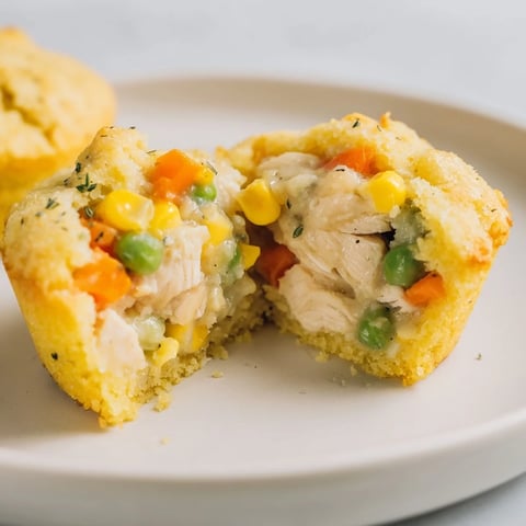 Golden-brown Mini Chicken Pot Pie Cornbread Muffins: savory, warm bites fresh from the oven, ready to serve.