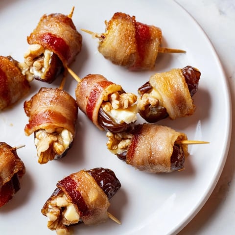 Crispy bacon wrapped dates stuffed with cream cheese and walnuts, a delicious appetizer.