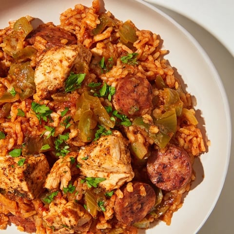 A close-up of Simple Chicken and Sausage Jambalaya Bake features tender chicken and smoky sausage.