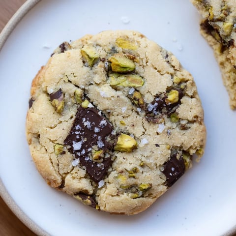Salted Pistachio Chocolate Chunk Shortbread cookies, showing a close-up of buttery, golden-brown delights with sea salt.