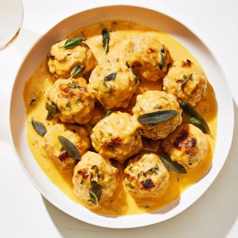 Juicy turkey meatballs swimming in a creamy, vibrant pumpkin sage sauce, ready to serve.