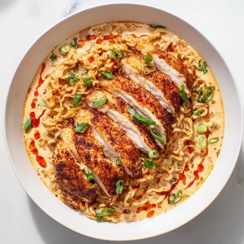 Steaming bowl of flavorful Fiery Chicken Ramen, featuring tender chicken and vibrant green onions.
