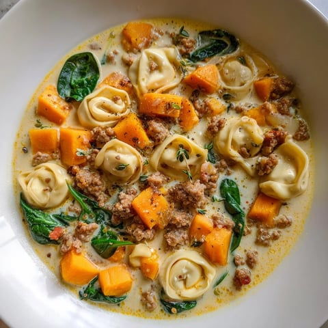 Creamy Sausage Tortellini Soup simmering with sweet potatoes and tender spinach, ready to serve.