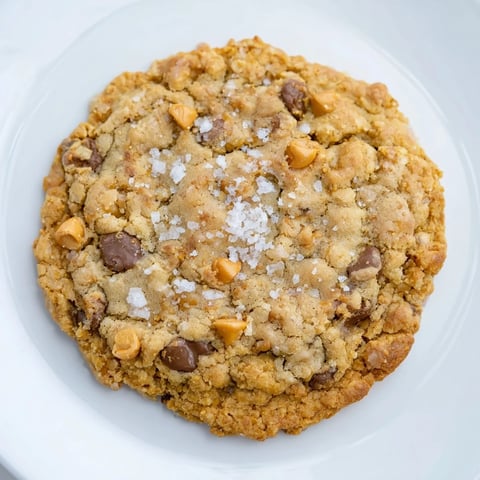 Warm Best Ever Butterscotch Chocolate Chip Cookies with sea salt, golden and inviting on a baking sheet.