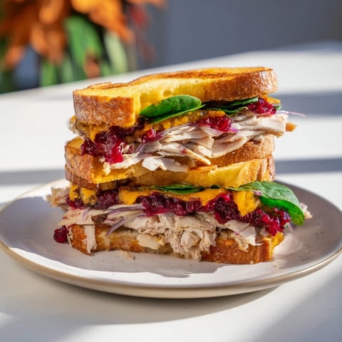 Golden, grilled Budget Christmas Sandwich on Brioche, overflowing with turkey, cranberry, and savory stuffing.